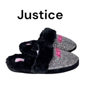 NWT Justice Little & Big Girls Slip-On Scuff Black & Silver Sparkly Slippers